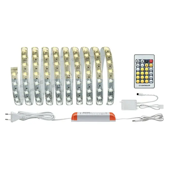Paulmann MaxLED 500 LED-Band Tunable White Basisset - 3 m, Neutralweiß, 20 W - LED-Streifen-Set mit Fernbedienung. Das Set beinhaltet einen LED-Streifen, eine Fernbedienung, einen Controller und ein Netzteil für die einfache Installation.