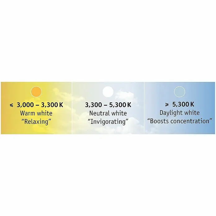 Paulmann MaxLED 500 Tira LED - 3 m, Blanco neutro, 20 W - Ilustración de la temperatura de color de la luz, desde blanco cálido ("relajante") hasta blanco luz de día ("aumenta la concentración").