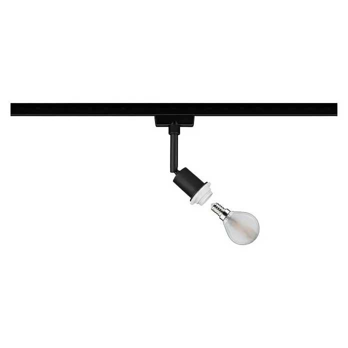 Paulmann URail LED-Spot DecoSystems - Lampenfassung: E14, Farbe: Schwarz - Eine schwarze Stromschienleuchte mit einer Glühbirne, die noch nicht eingesetzt wurde.