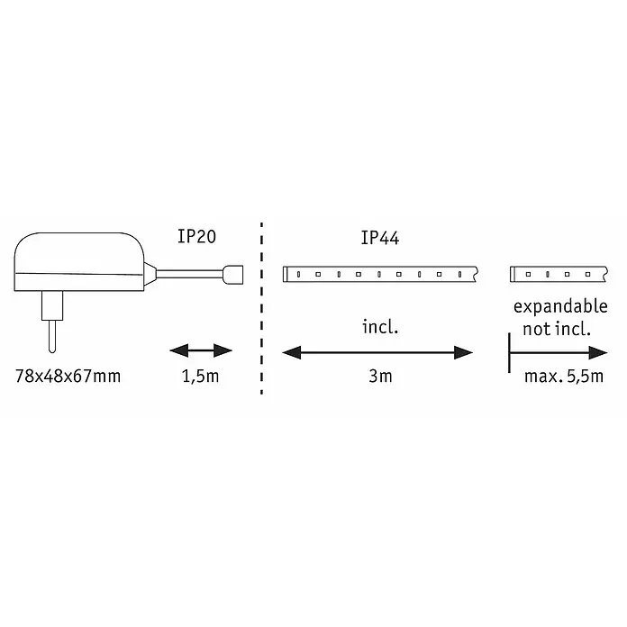Paulmann MaxLED 250 LED-Band Basisset IP44 - Länge: 3 m, Lichtfarbe: Warmweiß, 12 W, 720 lm, 24 V, IP44 - Schema der LED-Leuchte mit den Angaben zur Größe, Kabellänge, Schutzart und Erweiterbarkeit.