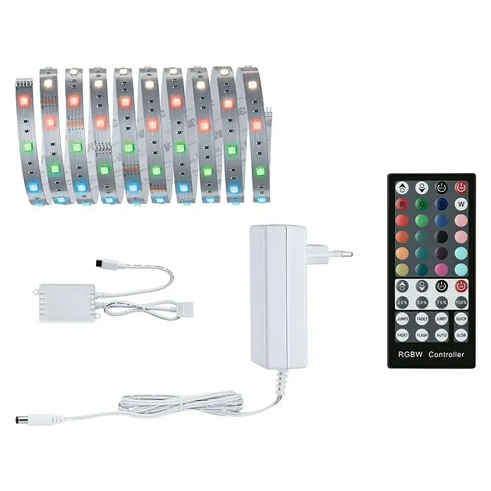 Paulmann MaxLED 250 Tira LED - 3 m, 19 W, RGBW, 810 lm - Imagen de una tira de luz LED con mando a distancia, adaptador de corriente y unidad de control. Ideal para crear iluminación ambiental.