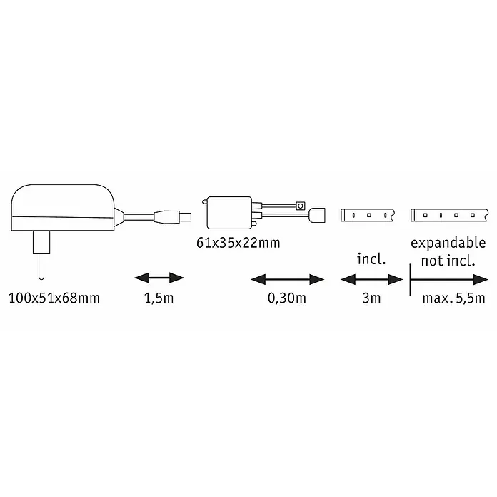 Paulmann MaxLED 250 Tira LED - 3 m, 19 W, RGBW, 810 lm - Diagrama de una luz LED con dimensiones y longitudes de cable, incluidas las opciones de expansión.