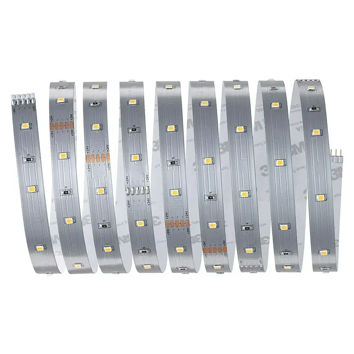 Paulmann MaxLED 250 Tira LED - Largo: 2,5 m, Color de luz: Blanco cálido, 10 W, 750 lm - Primer plano de una tira LED con LED blanco cálido y un dorso adhesivo 3M, perfecta para iluminación ambiental e instalación sencilla.