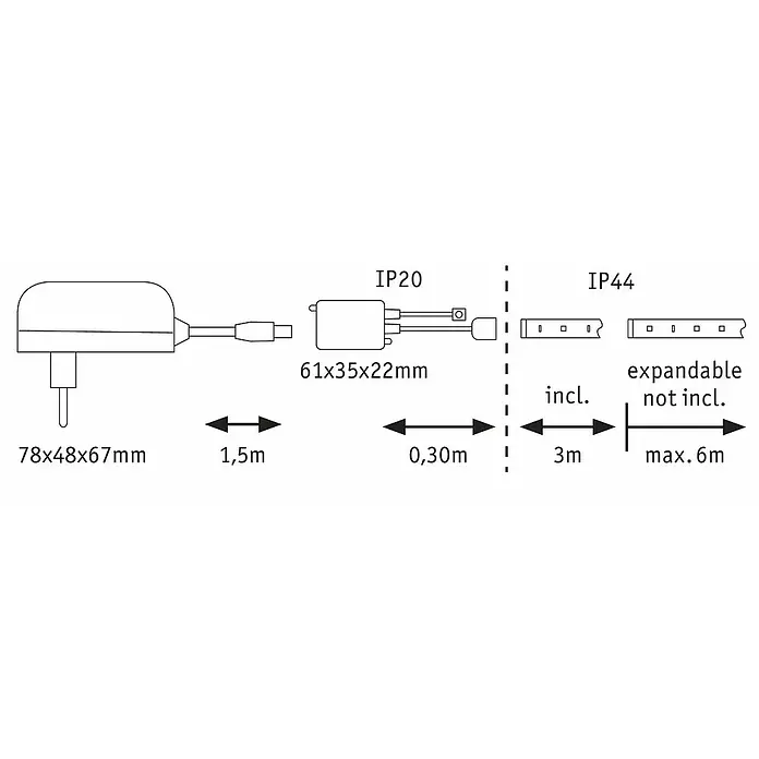 Paulmann MaxLED 250 Tira LED - 3 m, Blanco neutro, IP44 - Diagrama del producto que muestra las dimensiones y clasificaciones IP. Incluye enchufe, controlador y tira de LED.