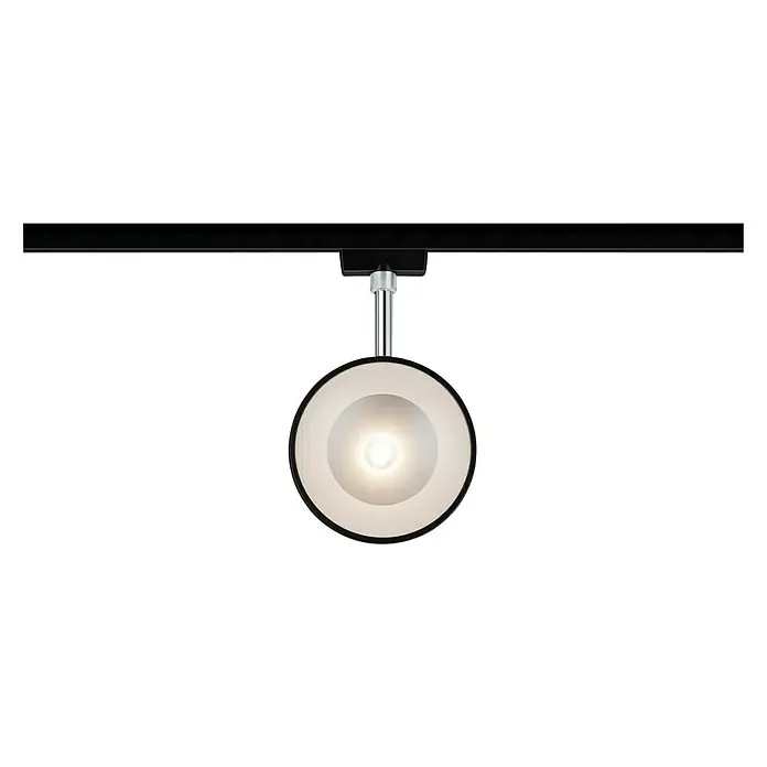Paulmann URail LED-Spot Arena - 14 W, Schwarz, Chrom, Warmweiß - Nahaufnahme einer stilvollen, runden Schienenleuchte mit schwarzem Rand und hellem, diffusem Licht, ideal für moderne Innenräume.