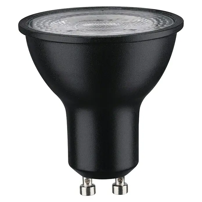 Paulmann LED-Lampe - GU10, Dimmbar, Warmweiß, 460 lm, 7 W, Farbe: Schwarz - Nahaufnahme einer schwarzen GU10 LED-Lampe, ideal für Akzentbeleuchtung in modernen Wohnräumen und energieeffiziente Beleuchtung.