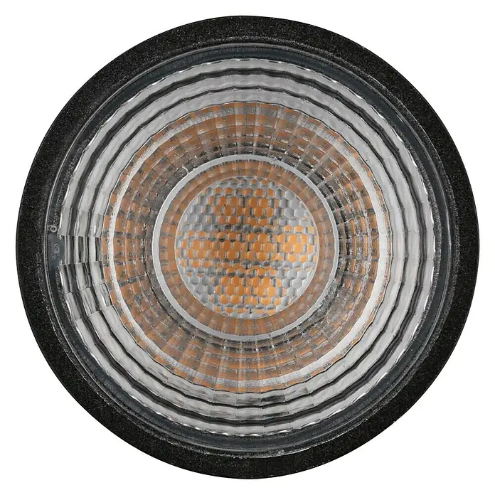 Paulmann LED-Lampe - GU10, Dimmbar, Warmweiß, 460 lm, 7 W, Farbe: Schwarz - Nahaufnahme einer runden LED-Leuchte mit wellenförmigem Muster, eingefasst in einem schwarzen Rahmen, die modernes Design ausstrahlt.