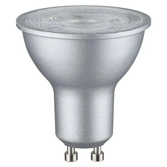 Paulmann LED-Lampe - GU10, Dimmbar, Warmweiß, 460 lm, 7 W, Farbe: Chrom - Nahaufnahme einer silberfarbenen MR16-LED-Lampe mit klarem, facettiertem Glas, die eine effiziente Beleuchtungslösung darstellt.