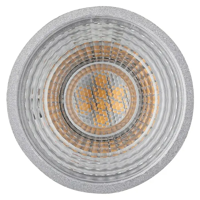 Paulmann LED-Lampe - GU10, Dimmbar, Warmweiß, 460 lm, 7 W, Farbe: Chrom - Nahaufnahme einer LED-Lampe mit silbernem Rand und orangem Innenleben, die für energieeffiziente Beleuchtung sorgt.