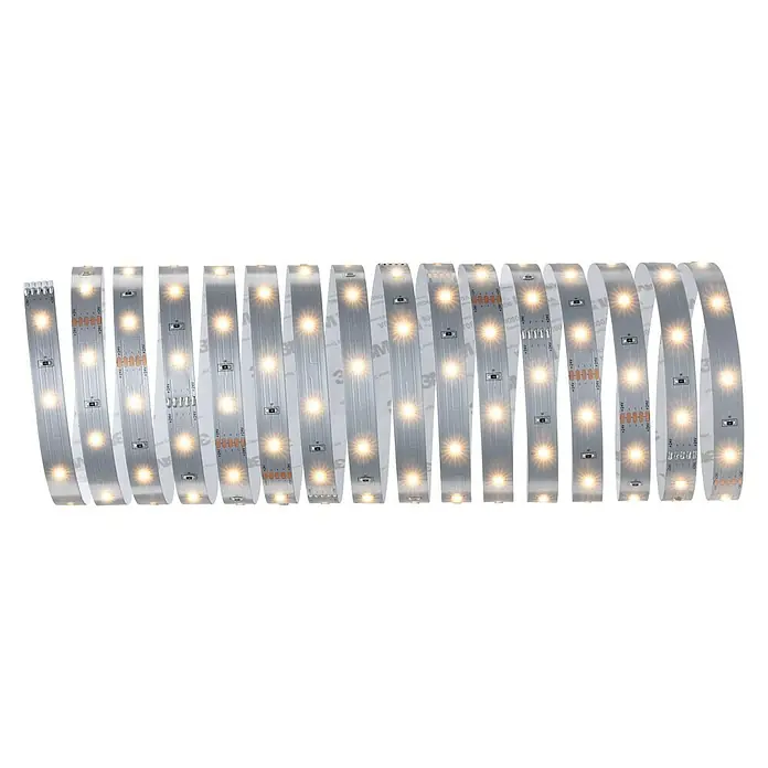 Paulmann MaxLED 250 Tira LED - Largo: 5 m, Color de luz: Blanco cálido, 19 W, 1.500 lm - Una tira de LED enrollada con LED blanco cálido sobre un fondo blanco. La tira de LED tiene un adhesivo 3M en la parte posterior.