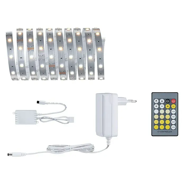 Paulmann MaxLED 250 Tira LED - Largo: 3 m, 11,5 W, Blanco neutro, 810 lm - Imagen de producto de una tira LED con fuente de alimentación, controlador y mando a distancia para gestionar los efectos de iluminación.