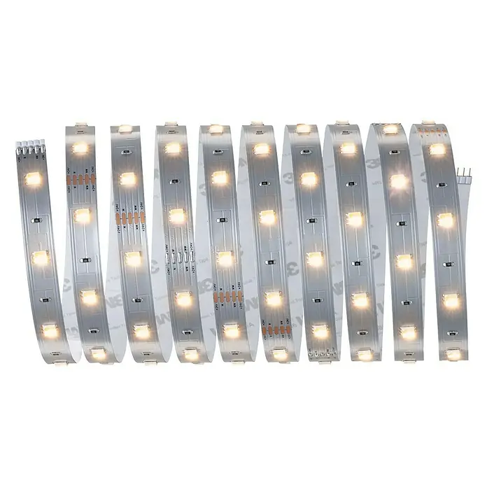 Paulmann MaxLED 250 Tira LED - Largo: 3 m, 11,5 W, Blanco neutro, 810 lm - La imagen muestra una tira de LED flexible con luces blancas cálidas, con respaldo adhesivo para una fácil instalación en varios lugares.