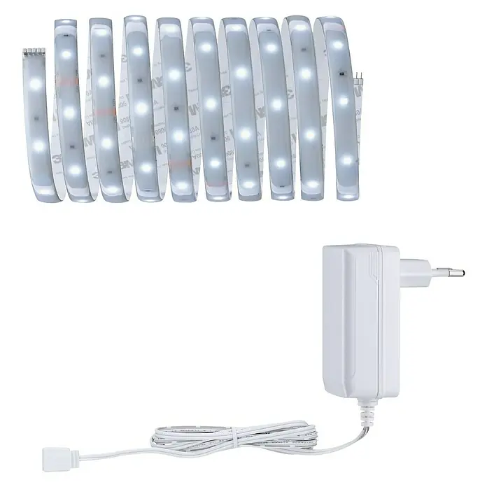 Paulmann MaxLED 250 LED-Band Basisset Protecting Cover - Länge: 3 m, Lichtfarbe: Tageslichtweiß, 12 W, 900 lm, IP44 - LED-Streifen mit Netzteil. Das Set enthält einen LED-Streifen mit Kleberückseite und ein passendes Netzteil für den Betrieb.