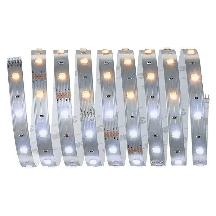 Paulmann MaxLED 250 Tira LED - Largo: 2,5 m, Blanco neutro, 9 W, 675 lm, IP20 - Un primer plano de una tira de LED que se curva hacia arriba y hacia abajo en un patrón ondulado. La tira de LED emite una luz brillante y suave.