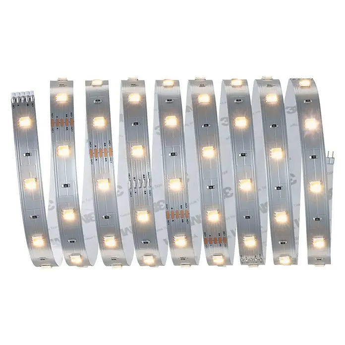 Paulmann MaxLED 250 Tira LED - Largo: 2,5 m, Blanco neutro, 9 W, 675 lm, IP20 - Tira LED: Primer plano de una tira LED con luces blancas cálidas y brillantes montadas en una cinta flexible con adhesivo 3M.