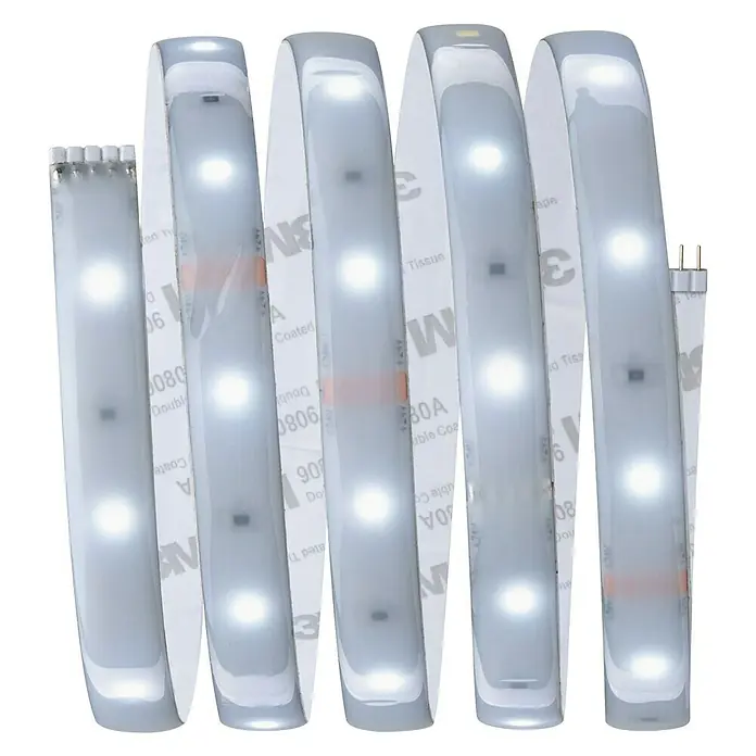 Paulmann MaxLED 250 LED-Band Basisset Protecting Cover IP44 - Länge: 1,5 m, Lichtfarbe: Tageslichtweiß, 6 W, 360 lm, IP44 - Nahaufnahme einer LED-Lichterkette mit hellem, kaltweißem Licht, ideal für stimmungsvolle Beleuchtung oder dekorative Zwecke.