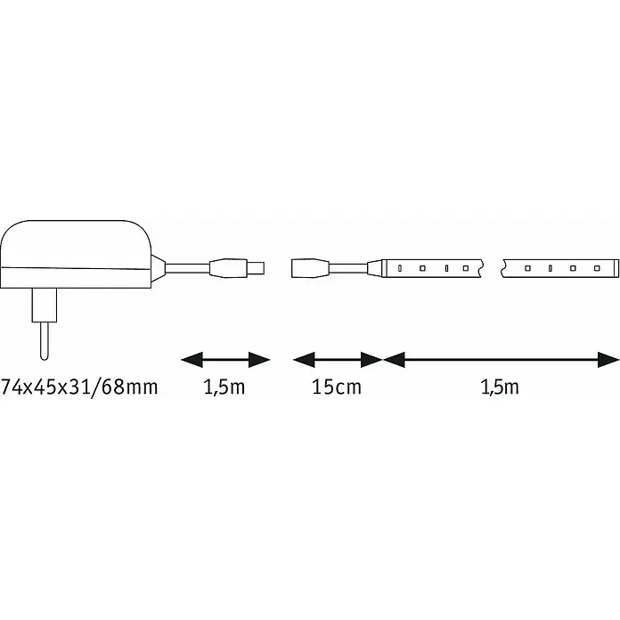 Paulmann LED-Band SimpLED - Länge: 1,5 m, Lichtfarbe: Warmweiß, 5 W, 450 lm - Schematische Darstellung einer LED-Lichterkette mit Netzteil, Verbindungskabel und den Maßen der einzelnen Komponenten.