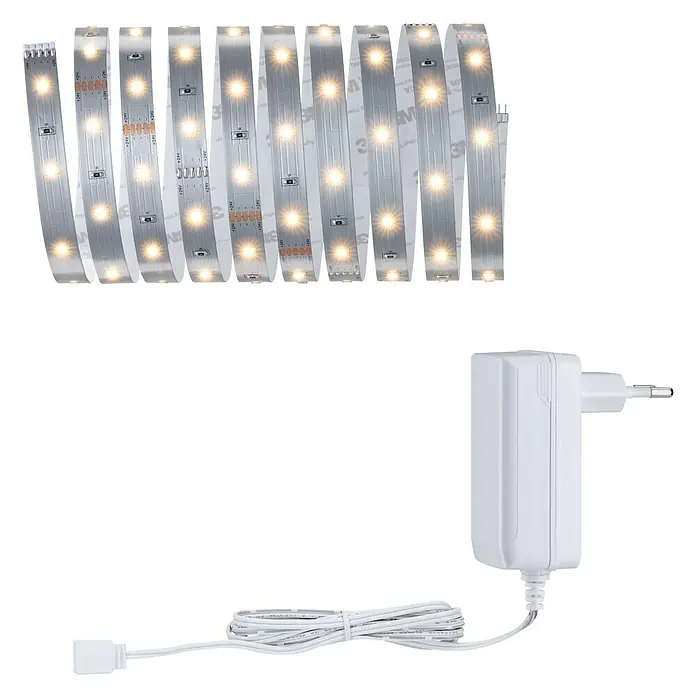 Paulmann MaxLED 250 Tira LED - Largo: 3 m, Color de luz: Blanco cálido, 12 W, 900 lm - Tira de luces LED con adaptador de corriente. La tira de LED está enrollada y el adaptador está al lado, es un producto de iluminación.