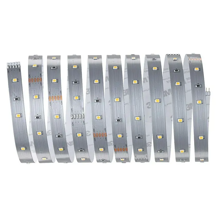 Paulmann MaxLED 250 Tira LED - Largo: 3 m, Color de luz: Blanco cálido, 12 W, 900 lm - Primer plano de una tira de luz LED enrollada en espiral contra un fondo blanco, destacando los LED individuales y los puntos de contacto.