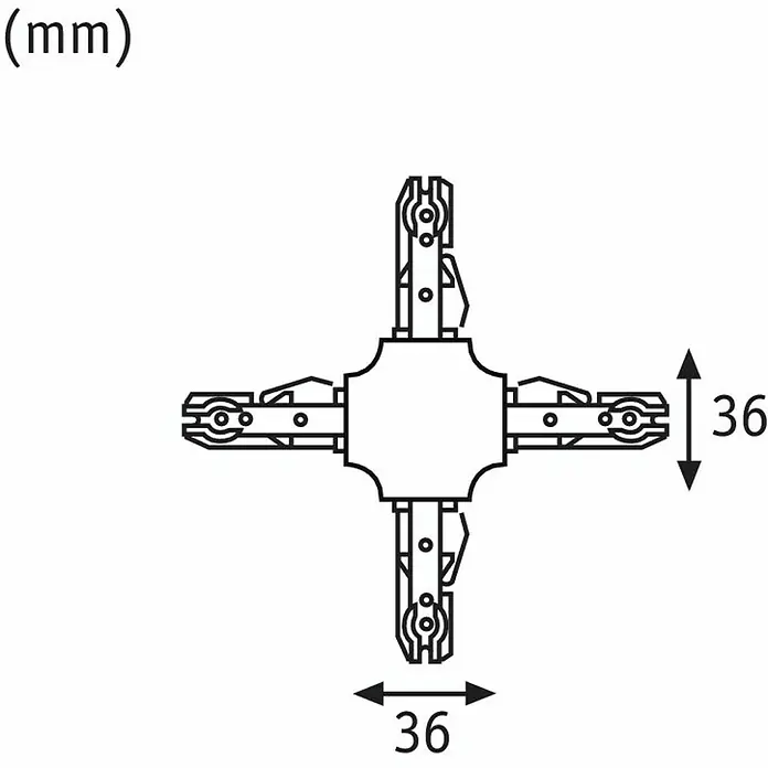 Paulmann URail X-Verbinder - 104 x 104 mm, Metall, Weiß - Abbildung eines Kreuzverbinders mit Maßangaben. Das Element ist aus der Vogelperspektive mit einer Größe von 36 mm dargestellt.