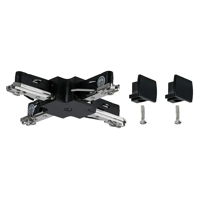 Paulmann URail X-Verbinder - 104 x 104 mm, Kunststoff, Schwarz - Bild eines schwarzen Stromschienenverbinders mit schwarzer Kappe und Schrauben für eine sichere und ästhetische Installation.