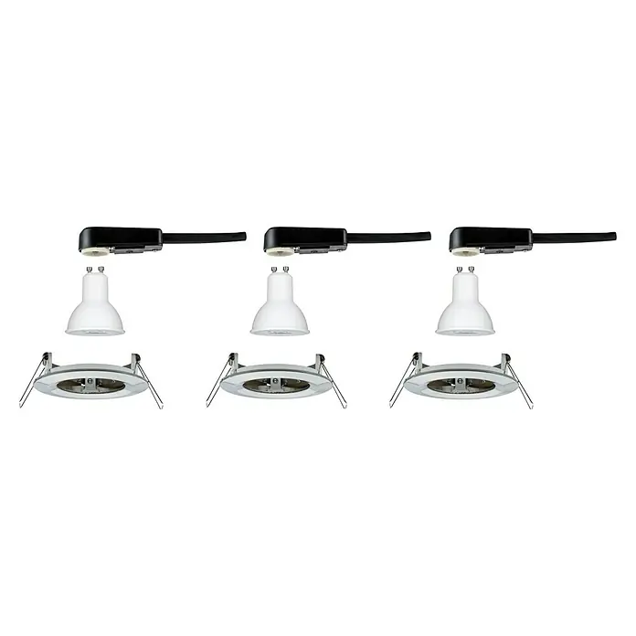 Paulmann LED-Einbauleuchte Nova - 6,5 W, Eisen gebürstet, Warmweiß, 3 Stk., Einbautiefe: 75 mm - Drei explosionsartige Ansichten von LED-Einbaustrahlern mit weißem Diffusor, Chromfassung und schwarzem Treibergehäuse für stilvolle Beleuchtung.