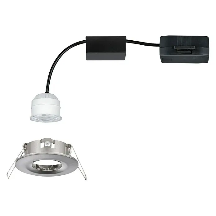 Paulmann LED-Einbauleuchte rund Nova Mini - 4 W, Eisen gebürstet, Warmweiß, Leuchtenkopf beweglich - Eine auseinandergebaute LED-Einbauleuchte mit schwarzem Kabel, Treiber und Montagehalterung.