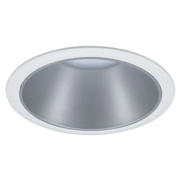 Paulmann Downlight LED empotrable Cole - 19,5 W, Blanco/Plateado, Blanco cálido, 3 ud. - Primer plano de una lámpara empotrable redonda blanca con reflector plateado, que ofrece una solución de iluminación moderna y eficiente.
