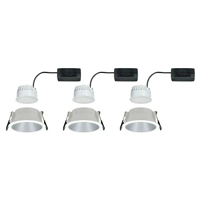Paulmann LED-Einbauleuchte Cole - 19,5 W, Weiß/Silber, Warmweiß, 3 Stk. - Eine Aufnahme von drei LED-Einbaustrahlern mit Stromanschluss und schwarzem Anschlusskasten auf einem weißen Hintergrund.