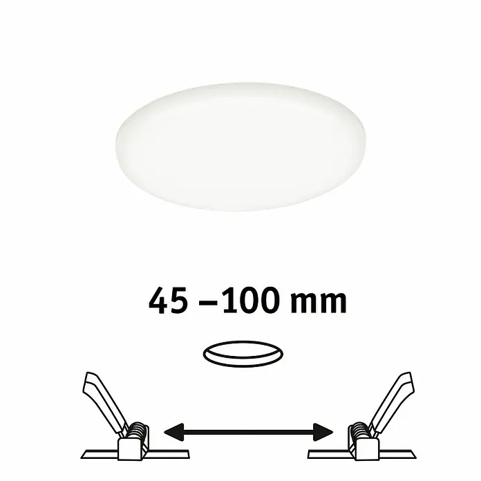 Paulmann LED-Panel rund Veluna VariFit - 8,5 W, Ø x H: 12,5 x 3,1 cm, Satin, Neutralweiß, 4.000 K - Darstellung einer runden LED-Deckenleuchte mit einstellbarer Montagebreite von 45-100 mm.