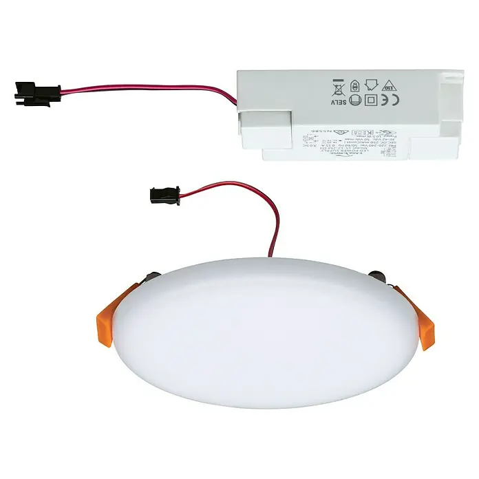 Paulmann LED-Panel rund Veluna VariFit - 8,5 W, Ø x H: 12,5 x 3,1 cm, Satin, Neutralweiß, 4.000 K - Nahaufnahme einer LED-Deckenleuchte mit weißem Diffusor, orangenen Befestigungsclips und roter Verkabelung zu einem Treiber.