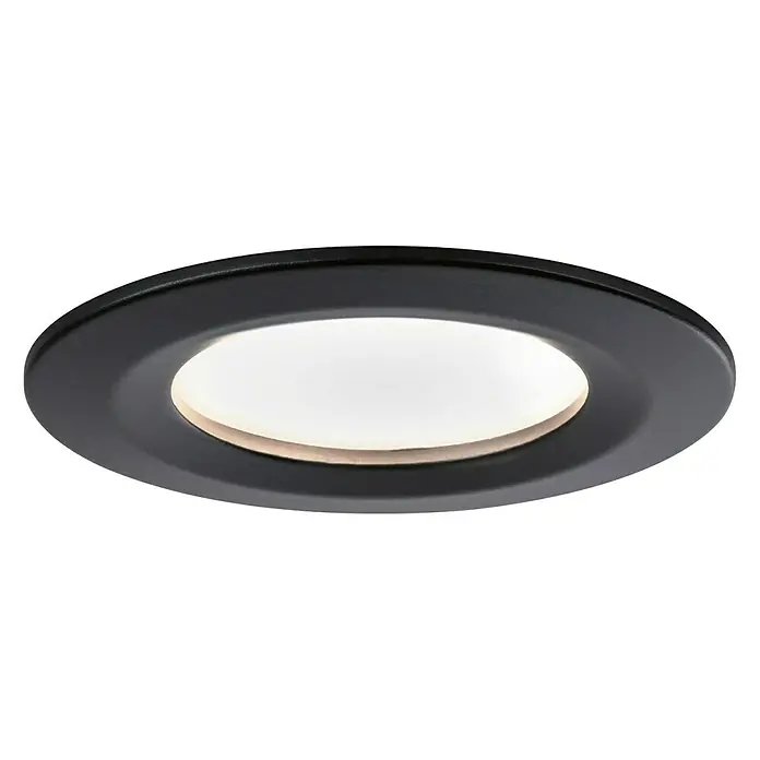 Paulmann Nova Set de focos LED empotrables Nova LED - 6,5 W, 3 ud., Blanco cálido, Diámetro: 7,8 cm, Negro - Primer plano de una luz LED empotrable de techo con marco negro, que emite una iluminación brillante y uniforme. Ideal para interiores modernos.