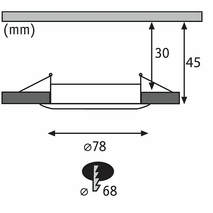 Paulmann Nova LED-Einbauleuchten-Set - 6,5 W, 3 Stk., Warmweiß, Durchmesser: 7,8 cm, Schwarz - Technische Zeichnung einer runden LED-Einbauleuchte mit den Maßen Durchmesser 78 mm und 68 mm, sowie Höhen von 30 mm und 45 mm.