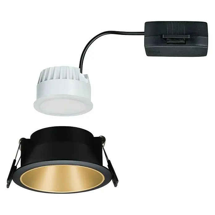 Paulmann LED-Einbauleuchte Cole - 6,5 W, Schwarz/Gold, Warmweiß, 1 Stk. - Bild einer schwarzen Deckeneinbauleuchte mit goldener Innenseite, einer weißen LED-Einheit und einer schwarzen Anschlussbox.