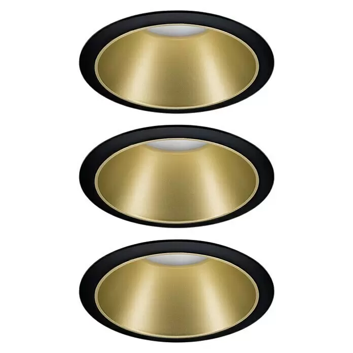 Paulmann Downlight LED empotrable Cole - 19,5 W, Negro/Dorado, Blanco cálido, 3 ud. - Tres luces empotradas negras y doradas con fuentes de luz blancas.