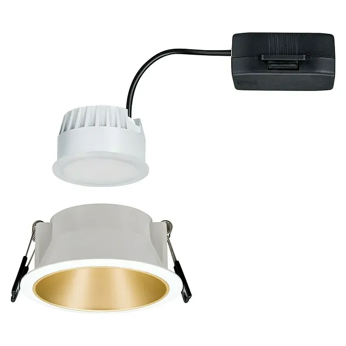 Paulmann LED-Einbauleuchte Cole - 6,5 W, Weiß/Gold, Warmweiß, 1 Stk. - Abbildung einer LED-Einbauleuchte mit weißem Rand und goldfarbenem Reflektor, bestehend aus LED-Modul, Einbaurahmen und Treiber.