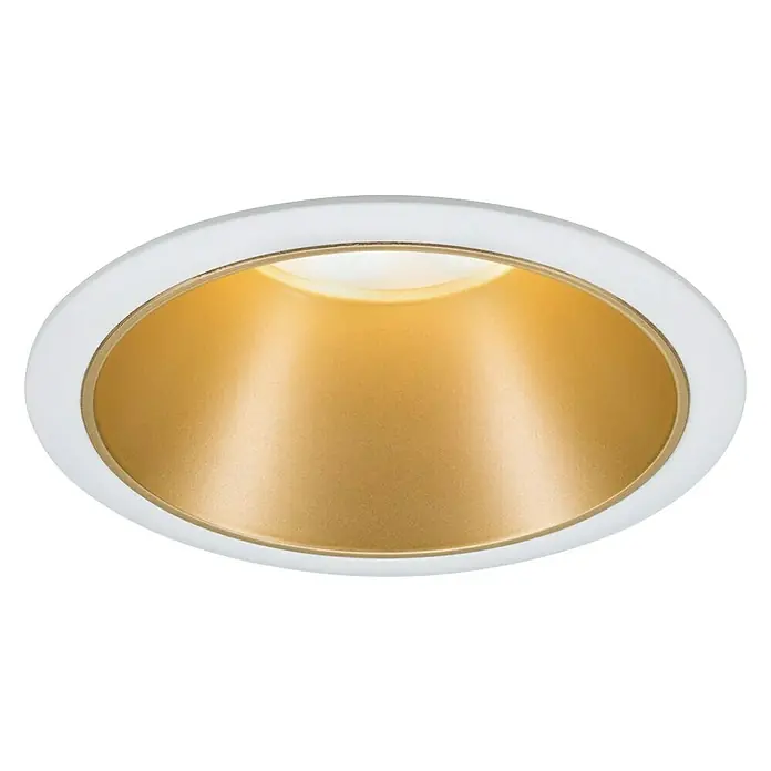 Paulmann LED-Einbauleuchte Cole - 19,5 W, Weiß/Gold, Warmweiß, 3 Stk. - Nahaufnahme einer runden LED-Einbauleuchte mit weißem Rand und goldfarbenem Reflektor, die warmes Licht ausstrahlt. Elegantes Design für moderne Beleuchtung.