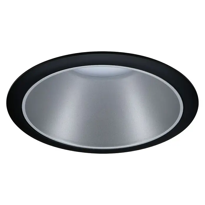 Paulmann Downlight LED empotrable Cole - 6,5 W, Negro/Plata, Blanco cálido, 1 ud. - Primer plano de un foco empotrable moderno con marco negro y reflector plateado, ideal para una iluminación elegante.