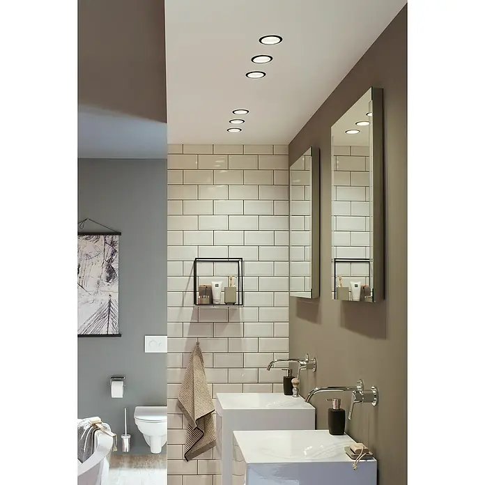Paulmann Downlight LED empotrable Cole - 6,5 W, Negro/Plata, Blanco cálido, 1 ud. - Baño con dos lavabos, diseño minimalista, luces de techo empotradas y esquema de color gris para una estética moderna.