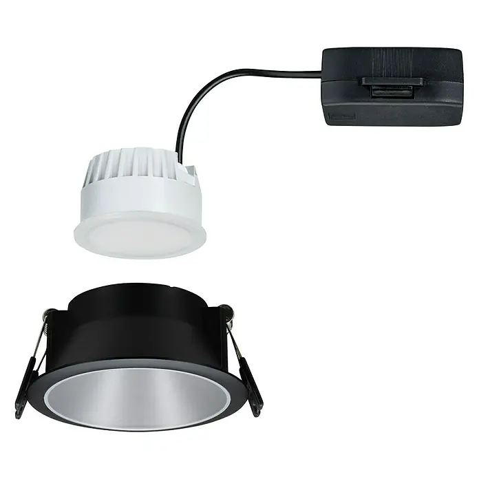 Paulmann LED-Einbauleuchte Cole - 6,5 W, Schwarz/Silber, Warmweiß, 1 Stk. - Nahaufnahme einer LED-Einbauleuchte mit schwarzem Rahmen und weißem LED-Modul, ideal für moderne Innenräume.