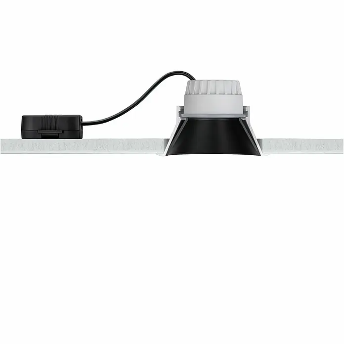 Paulmann LED-Einbauleuchte Cole - 6,5 W, Schwarz/Gold, Warmweiß, 1 Stk. - Abbildung einer modernen, schwarzen Deckenleuchte mit einem weißen Ring, ideal für stilvolle Innenräume und energieeffiziente Beleuchtung.