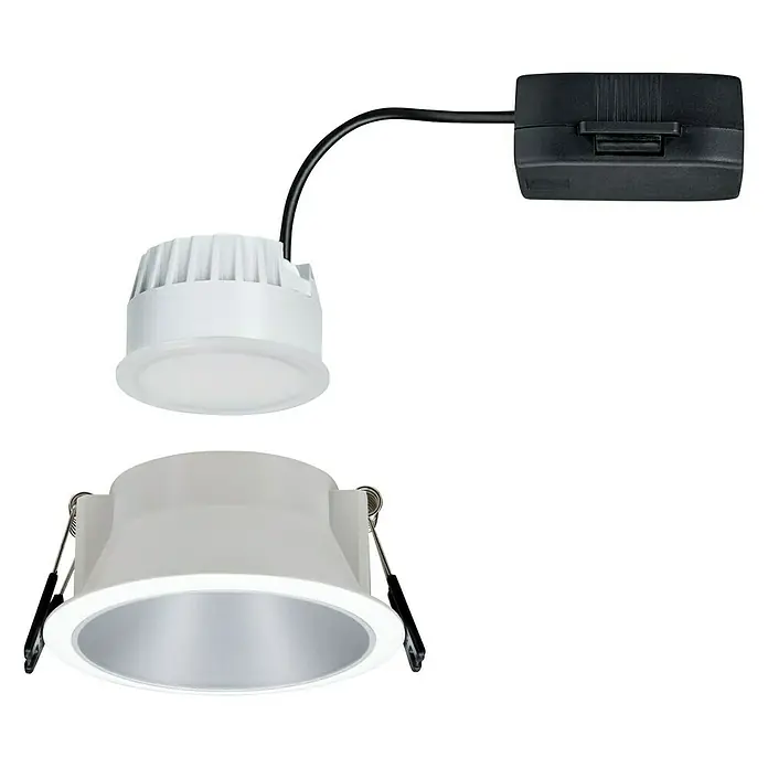Paulmann Downlight LED empotrable Cole - 6,5 W, Blanco/Plateado, Blanco cálido, 1 ud. - Luminaria empotrable con carcasa blanca, que consta de dos partes y un driver negro con cable para la fuente de alimentación.