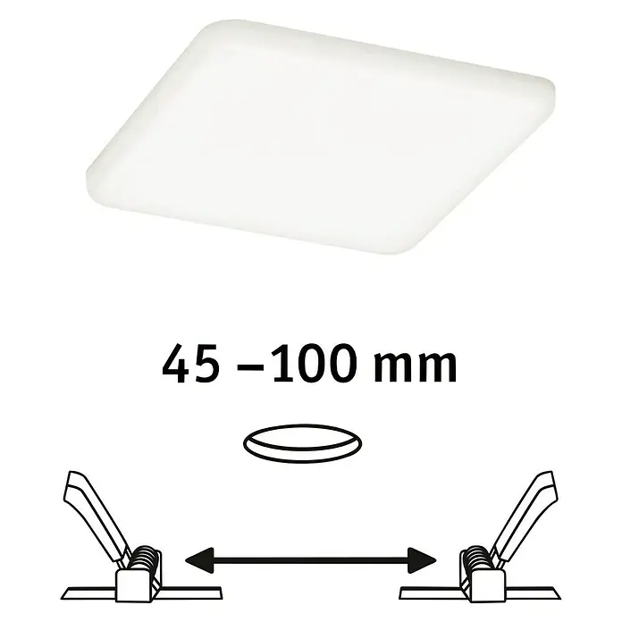 Paulmann LED-Panel Veluna VariFit - 8,5 W, L x B x H: 12,5 x 12,5 x 3,1 cm, Satin, Neutralweiß, 4.000 K - Abbildung einer quadratischen LED-Deckenleuchte, die für eine variable Montagebohrung von 45-100 mm geeignet ist.