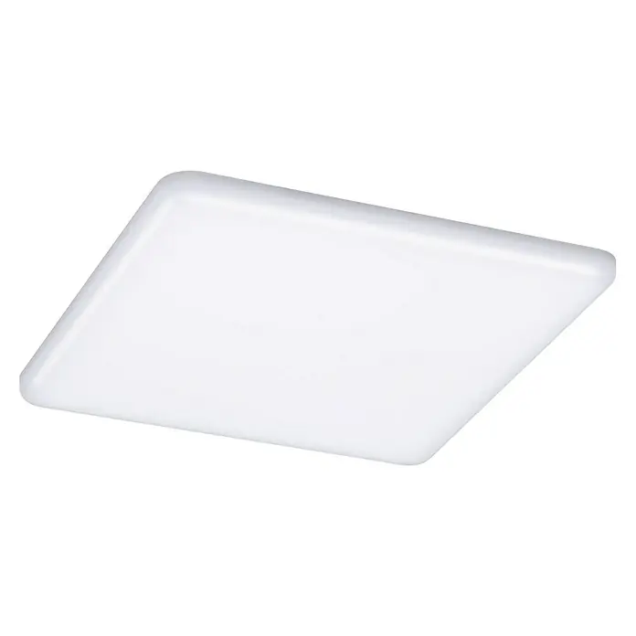 Paulmann Panel LED Veluna - 17,5 W, L x An x Al: 18,5 x 18,5 x 3,1 cm, Satin, Blanco neutro, 4.000 K - Primer plano de una lámpara de techo cuadrada blanca con bordes redondeados, que muestra un diseño moderno e iluminación brillante.