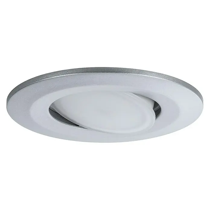 Paulmann Downlight LED empotrable Calla - 6 W, Cromo, IP65 - Primer plano de una moderna lámpara LED empotrable redonda con marco plateado y elemento de luz blanco ajustable.