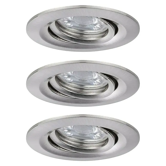 Paulmann LED-Einbauleuchten-Set Nova Mini - 12 W, Eisen gebürstet, Warmweiß, Leuchtenkopf beweglich - Dreifach-Ansicht von runden, versenkten LED-Spots mit gebürsteter Metallfassung für moderne Beleuchtungslösungen.