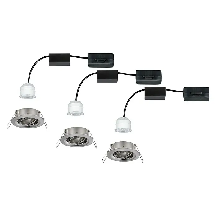 Paulmann LED-Einbauleuchten-Set Nova Mini - 12 W, Eisen gebürstet, Warmweiß, Leuchtenkopf beweglich - Drei moderne Einbaustrahler mit schwarzem Verbindungskabel und Halterung für eine stilvolle Beleuchtung.