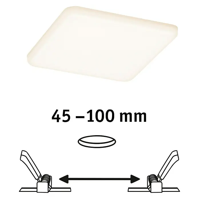 Paulmann LED-Panel Veluna VariFit - 8,5 W, L x B x H: 12,5 x 12,5 x 3,1 cm, Satin, Warmweiß, 3.000 K - Produktbild: Eine quadratische LED-Deckenleuchte mit verstellbaren Montageklammern.