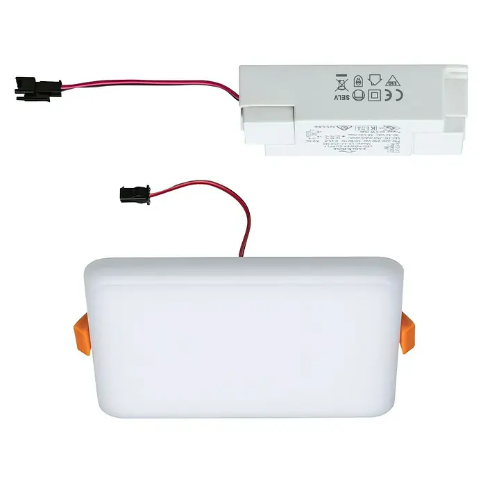 Paulmann LED-Panel Veluna VariFit - 8,5 W, L x B x H: 12,5 x 12,5 x 3,1 cm, Satin, Warmweiß, 3.000 K - Das Bild zeigt eine LED-Einbauleuchte mit Treiber. Die Leuchte ist rechteckig und weiß.