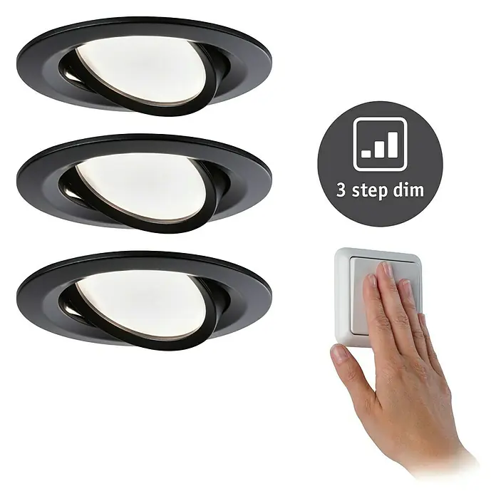 Paulmann Nova LED-Einbauleuchten-Set - 6,5 W, 3 Stk., Warmweiß, 8,4 cm, Schwarz - Produktbild von drei schwarzen Deckeneinbauleuchten mit Dimmfunktion, gesteuert durch einen Wandschalter. Elegante Beleuchtung für jeden Raum.